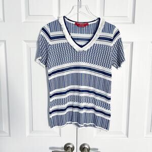 Marina Sport Nautical Fringe V-Neck Knit Sweater Blue White Metallic